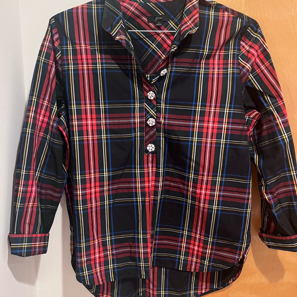 J. Crew plaid collared button down with jewels. Size 4